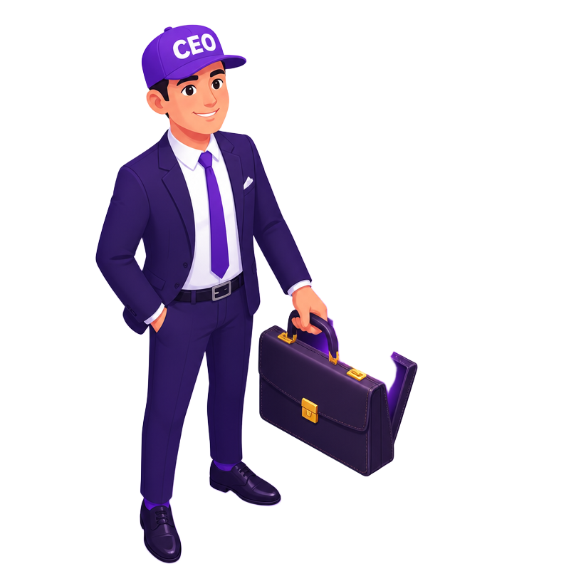 CEO character holding briefcase with dollars pouring in